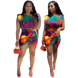 Women tie-dye print crop Top + knotted pleated skirt two-piece set