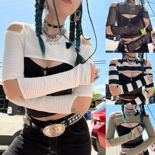 Women Black & White Striped Long Sleeve Crop Top