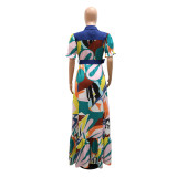 Robe patchwork boutonnée à col en V imprimé mode femme avec ceinture