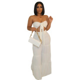 Women solid fashion lace up crop Top + wide leg pants Casual two-piece set