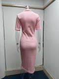 Spring Women Fashion Plain Color Short Sleeve Button Midi Dress