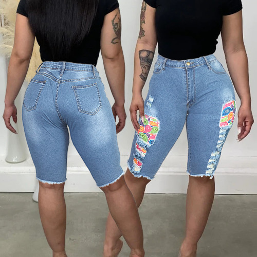Plus Size Damesmode Ripped Patch Denim Broek