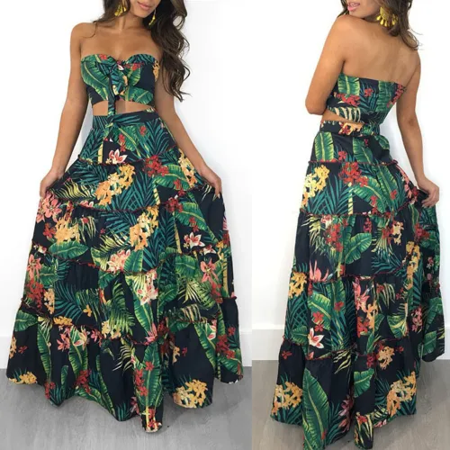 Summer beach print Top+Ruffles Dress two-piece