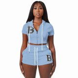 Women Zipper Letter Embroidered Top with Hood + ShortsTwo Piece Set