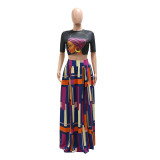 Women Fashion Summer Crop Top + Printed Swing Split Skirt Two-piece Set