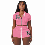 Women Zipper Letter Embroidered Top with Hood + ShortsTwo Piece Set