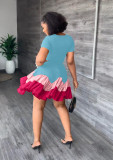 Women Summer Colorblock Short Sleeve Pleated Dress