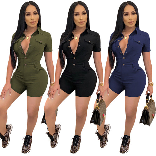 Women Casual solid TurndownCollar Short Sleeve Single Breasted Jumpsuit