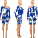Women's Spring Striped Off Shoulder Long Sleeve Fashion Plus Size Casual Set