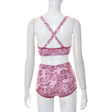 Women Summer Printed Backless Crop Top + ShortsTwo-Piece Set