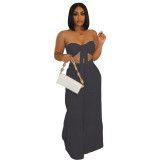 Women solid fashion lace up crop Top + wide leg pants Casual two-piece set