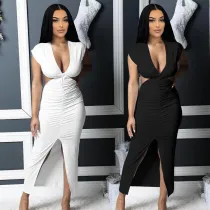 Women's Featured Fashion Open Waist Slit Sexy Slim Crinkle Dress