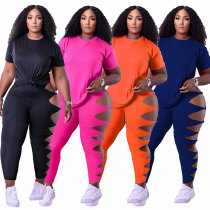 Women'S Solid Color Short Sleeve Cute Knot Hollow Out Casual Two Piece Pants Set