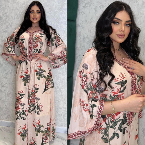 Vêtements pour femmes musulmanes Abaya Flower Light Pink Print Dress