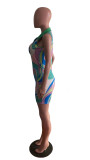 Women's Summer Fashion Colorful Print Sleeveless Turndown Collar V Neck Playsuit