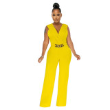 Women'S Fashion Solid Color Loose Slim Fit Casual Sleeveless Jumpsuit With Belt