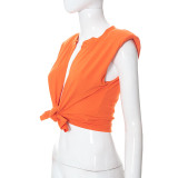 Women'S Summer Loose Sleeveless Padd Shoulder Casual Tie Knot Cropped Top