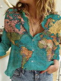Women'S Map Print Long Sleeve Loose Shirt Top