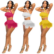 Nachtclubkleding voor dames Sexy veren onregelmatige tweedelig shorts set