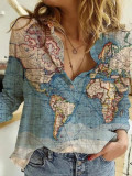 Women'S Map Print Long Sleeve Loose Shirt Top