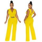 Women'S Fashion Solid Color Loose Slim Fit Casual Sleeveless Jumpsuit With Belt