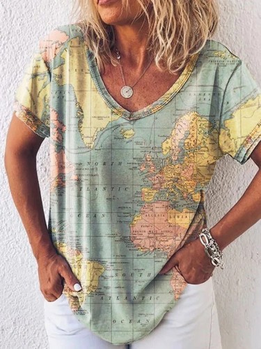 T-shirt a maniche corte larghe con scollo a V e stampa mappa da donna
