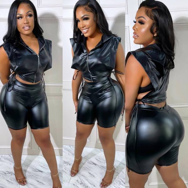 Spring Summer Sexy Women'S Clothing  Fashion Leather Zipper Up Two Piece Shorts Set