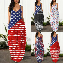 Vestido largo informal suelto con correa sin mangas y estampado de bandera americana de talla grande para mujer de verano