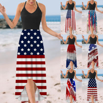 Vestido Maxi Irregular Casual Con Tirantes Cruzados Y Estampado De Bandera Americana Para Mujer