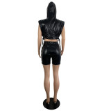Spring Summer Sexy Women'S Clothing  Fashion Leather Zipper Up Two Piece Shorts Set