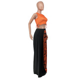 Solid Lace-Up Sleeveless Top Patchwork Wide Leg Loose Pants Two Piece Set