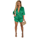 Women'S Clothing Solid Color Single Breasted Short Sleeve Shirtshorts Loose Casual Two Piece Set