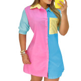 Summer Women's Fashion Color block Print Pocket Single Breasted Shirt Dress