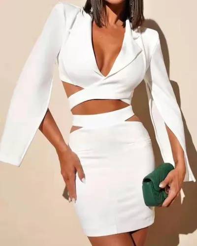 Women's White Long Sleeve V-Neck Blazer Top Skirt Two Piece