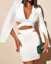 Falda superior blanca de manga larga con cuello en V para mujer de dos piezas