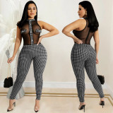 Fashion Print Women's Round Neck Sleeveless Mesh See-Through Pants Two Piece