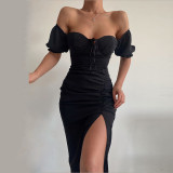 Women's Chic Solid Off Shoulder Lace Up Sexy Dress