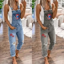 Flag Sports Straps Ripped Denim Jumpsuit Mujer Casual