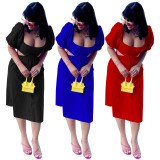 Women's Solid U-Neck Puff Sleeves Open Waist Irregular Dress Long Dress