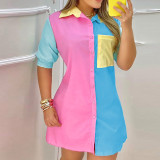 Summer Women's Fashion Color block Print Pocket Single Breasted Shirt Dress