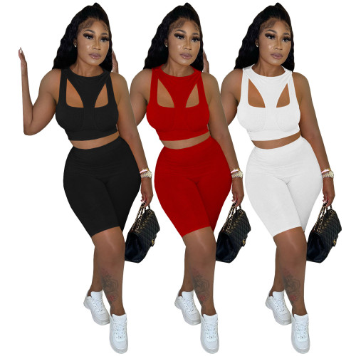 Women's High Stretch Solid Ribbed Ribbed, Fake Three-Piece Sports Shorts Set Two-Piece Set