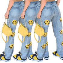 Женские неэластичные женские джинсовые брюки с принтом