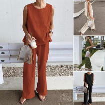 Kadın Yaz Rahat Gevşek Kolsuz Yarık Düz Renk Yelek + Pantolon İki Parçalı Set