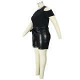 Black Sexy Slim Fit Knitting Off Shoulder Top Bodycon Leather Pants Fashion Set