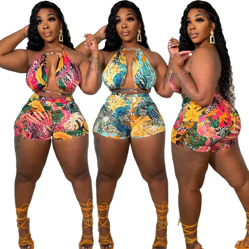 Women Printed Sleeveless Lace-Up Two Piece