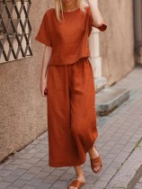 Women Casual loose solid color short-sleeved top + Pant two-piece set