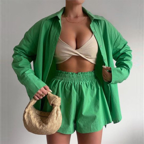 Spring/Summer Two Piece Solid Color Single Breasted Long Sleeve Turndown Collar Shirt Shorts Loose Fashion Casual Two Piece Set