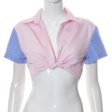Women's Summer Stripes Short Sleeve Crop Shirt