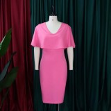 Women Summer Pink Formal V-neck Cape Sleeve Solid Midi Sheath Office Dress