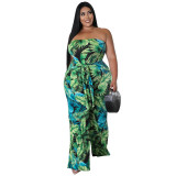 Print Strapless Belted Backless Plus Size Jumpsuit